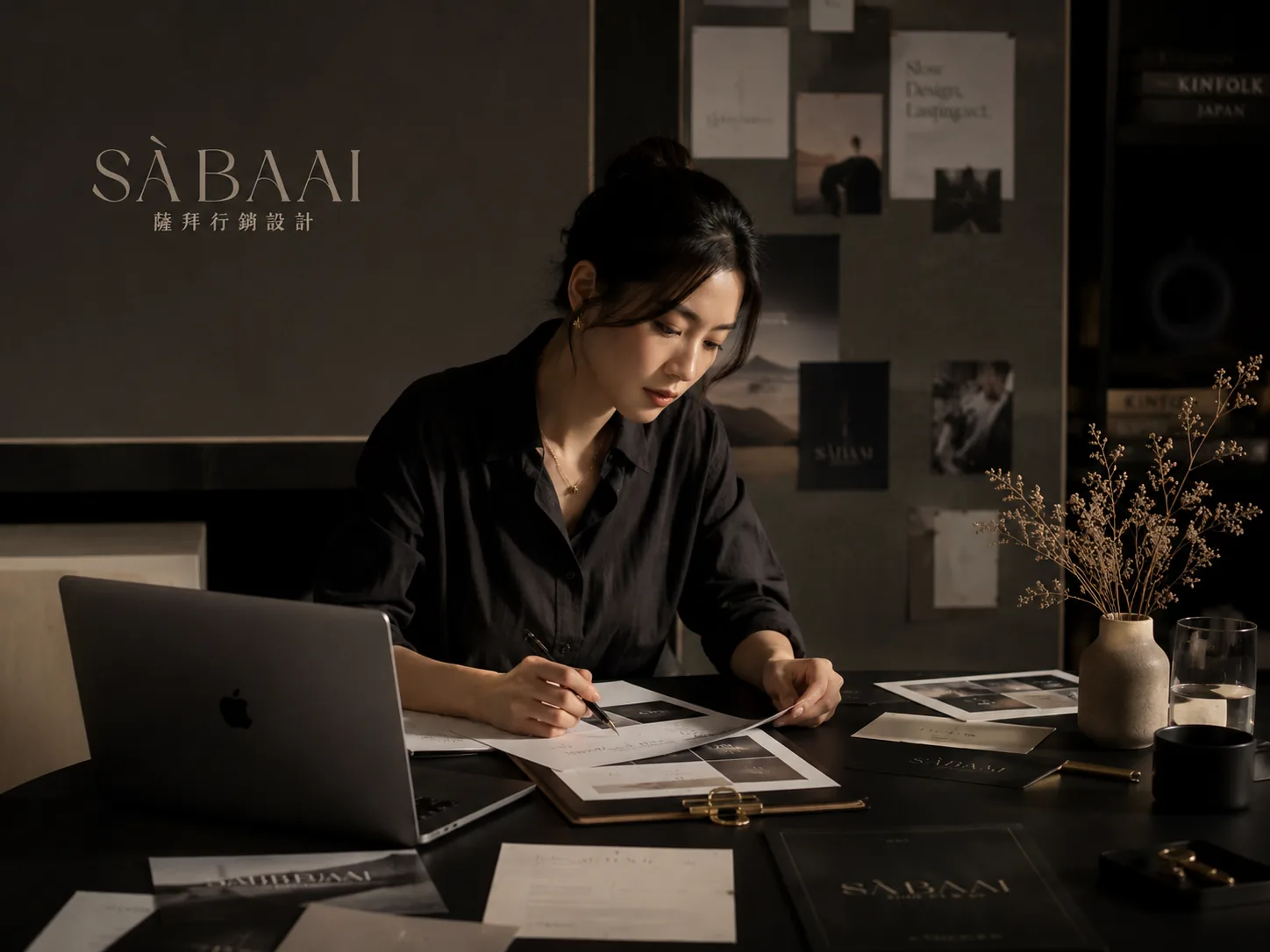 亞洲創意工作者在深色質感工作室中規劃品牌設計