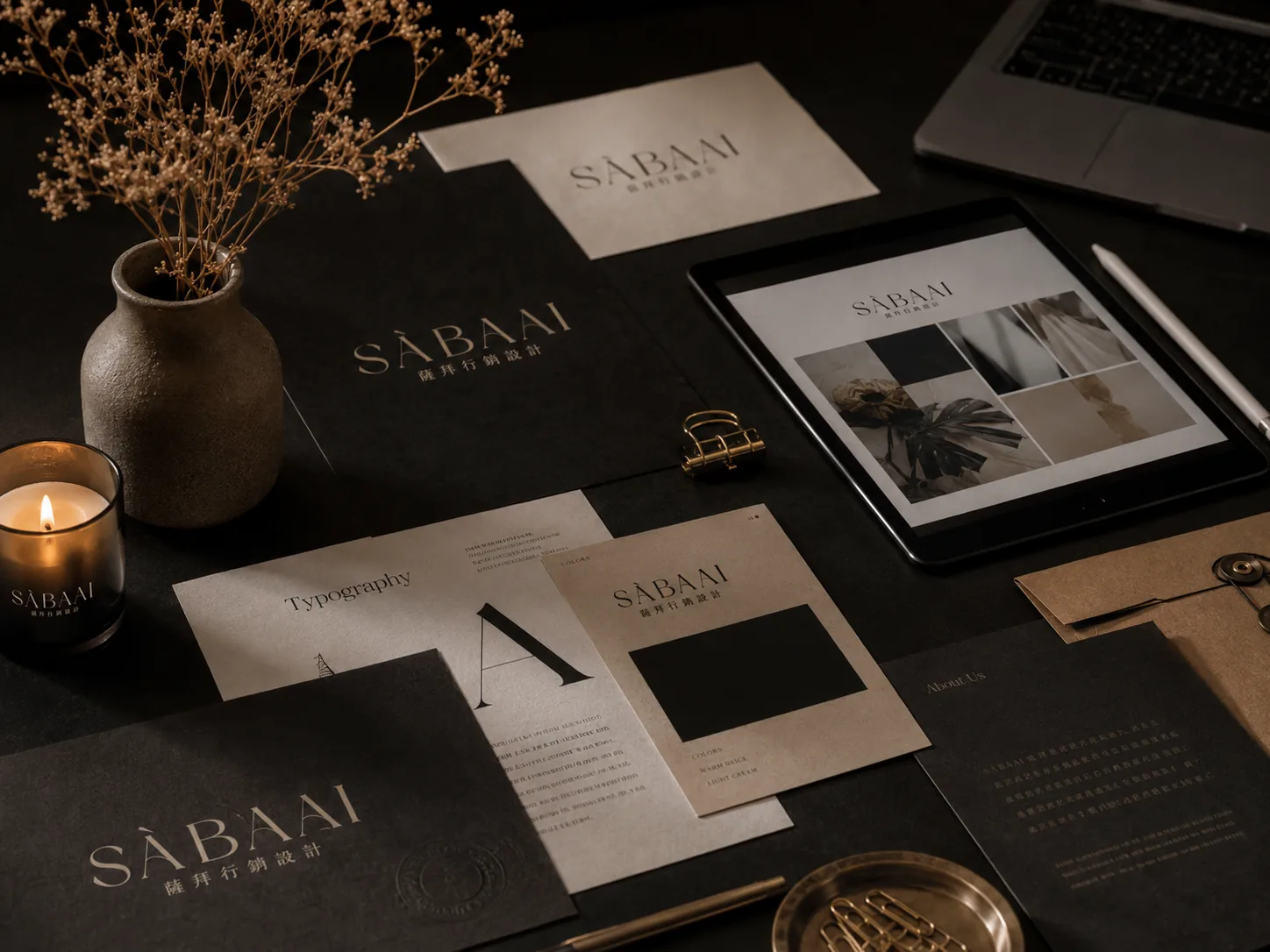 SÀBAAI 品牌設計稿與紙張材質靜物布局